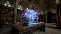 Glowing neon brain hologram floating above wooden table in gothic library with arched ceilings, bookshelves, and stone architecture, representing artificial intelligence and technology.