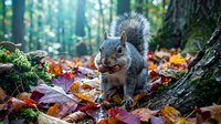 Gray squirrel sitting among colorful autumn leaves in forest setting with sunlight filtering through trees, perfect for nature and wildlife projects.