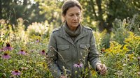 Senior Caucasian woman gardener in olive green jacket tending to purple flowers in sunny garden during golden hour autumn season for landscaping projects.