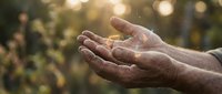 Senior male hands cupped together outdoors with blurred green foliage background, symbolizing care, gratitude, hope, and environmental connection for wellness and nature themes.