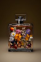 Luxury perfume bottle filled with colorful wildflowers and dried botanicals on brown background, elegant floral fragrance composition for cosmetic advertising.