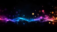 Glowing colorful wave with sparkles and bokeh lights on black background, magical energy flow in purple, blue and orange colors creating cosmic effect.