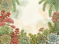 Watercolor succulent frame with trailing plants and flowers on textured paper background for botanical design projects and natural decor applications.