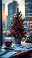Small decorated Christmas tree with red ornaments and warm lights on windowsill next to coffee cup, cozy holiday atmosphere with city bokeh background.