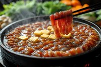 Marbled beef slices arranged in circular pattern in hot pot with garlic and broth, chopsticks lifting a piece of meat, traditional Asian cuisine.
