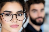 Young professional woman wearing stylish eyeglasses in modern office environment with male colleague in background for business presentations.