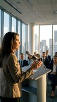 Professional businesswoman giving presentation at podium in modern office conference room with city skyline view and corporate audience listening.