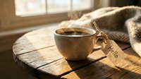 Steaming hot coffee cup with a hello tag on a rustic wooden table in warm morning sunlight, cozy hygge atmosphere.