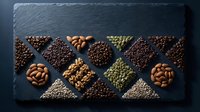 Assorted nuts, seeds and legumes arranged in geometric pattern on dark slate board. Healthy protein snacks, cooking ingredients for recipes.