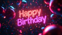 Glowing pink neon happy birthday sign with floating glossy bubbles and confetti particles against dark background creates festive party atmosphere.