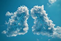 Surreal cloud formation shaped as human lungs with lightning veins against vibrant blue sky, representing breath of nature and environmental concept.