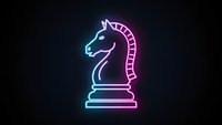 Glowing neon chess knight piece in vibrant blue and pink colors against dark background for gaming and strategy concepts.