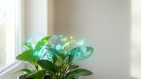 Young green houseplant with glowing digital holographic data visualization bubbles floating above leaves in bright natural window light for smart home technology.