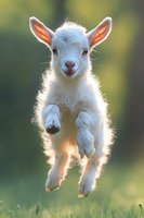 Playful white baby goat kid jumping and frolicking in spring sunlight with backlit fur creating magical glow, showing joyful expression against blurred nature background.