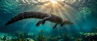 Prehistoric crocodile swimming underwater in turquoise ocean with sunbeams piercing through water surface, ancient marine reptile in tropical sea environment.