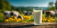 Fresh glass of milk on rustic wooden table with dairy cows grazing in green pasture and yellow wildflowers in background on sunny day.