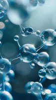 Translucent molecular structure with connected spheres in blue tones, representing scientific research and innovation in chemistry or biotechnology.
