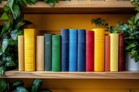 Colorful hardcover books arranged on wooden shelf with green plants framing composition, creating cozy home library atmosphere. Academic literature collection.