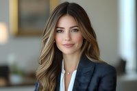 Young Caucasian businesswoman with long wavy balayage hair wearing navy blazer and white blouse smiling confidently in modern office setting, professional corporate portrait.