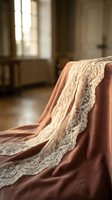 Terracotta fabric with cream lace trim draped over furniture in vintage interior space with natural window light, suitable for home decor and textile design projects.