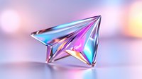 Iridescent crystal prism reflecting rainbow colors on blurred pastel background, modern minimal art composition with holographic effect.