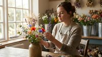 Young Caucasian female florist arranging colorful wildflowers in a rustic vase at a wooden table in a bright flower shop.