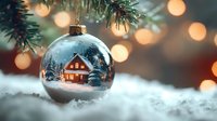 Magical winter scene reflected in silver Christmas ornament with glowing cottage, snowy landscape and warm bokeh lights on evergreen branch background.