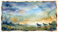 Watercolor landscape painting with horses running across meadow at sunset, artistic countryside scene with dramatic sky and pastoral field setting.