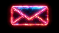 Glowing neon mail envelope icon with red and blue light effects on black background, digital communication symbol for web and mobile interface design.