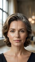 Split screen comparison showing mature woman aging process from young to older with wrinkles and gray hair in modern interior setting.
