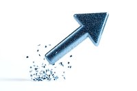 Metallic blue arrow breaking apart and rising upward against white background, symbolizing breakthrough, transformation and business growth concept.
