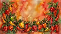 Vibrant watercolor border frame featuring red and yellow peppers with green foliage on warm orange and golden background, suitable for culinary designs.