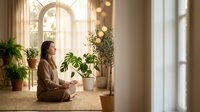 Young woman meditating in sunlit room with houseplants, practicing mindfulness and wellness in cozy home interior for mental health and relaxation.