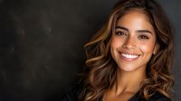 Young Hispanic woman with wavy brown hair smiling warmly at camera against dark background. Professional headshot for business and lifestyle content.
