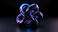 Abstract metallic knot sculpture in neon blue and purple colors glowing against dark background, modern art concept with smooth reflective surface and flowing curves.