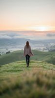 Woman standing on rolling green hill at sunrise, wearing cardigan and leggings, gazing at misty valley landscape below. Concept for freedom, contemplation, wellness, travel, and outdoor lifestyle.
