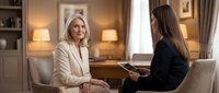Professional blonde businesswoman in white suit meeting with brunette colleague in modern office interior for corporate consultation and business discussion.