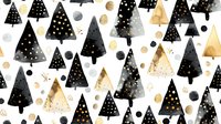 Watercolor Christmas trees in black and gold with snow dots create elegant winter pattern on white background. Modern festive seamless design for holiday projects.