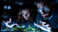 Young professionals examining glowing futuristic holographic city model in dark room, innovative urban planning and smart technology concept for architecture.