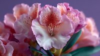 Pink and white azalea flowers in full bloom with delicate petals and visible stamens against purple background for spring garden and floral design projects.