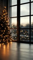Illuminated Christmas tree by large window with bokeh lights creating cozy winter atmosphere at dusk.