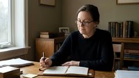 Mature Caucasian woman with glasses writing in notebook at wooden desk by window in cozy home office with books and warm natural lighting.