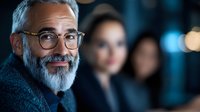 Mature Caucasian businessman with gray beard and glasses smiling confidently in office setting with blurred colleagues in background, professional corporate portrait.