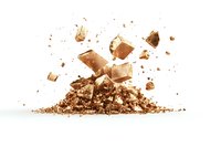 Exploding brown sugar cubes and powder scattered in dynamic motion against white background, creating dramatic culinary composition for food and beverage advertising.