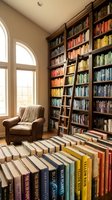 Cozy home library with floor-to-ceiling bookshelves, rolling ladder, and comfortable reading chair by arched window creating warm literary sanctuary.