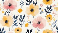 Delicate watercolor floral pattern with pink and yellow poppies, navy blue leaves on white background. Seamless repeat design for fabric, wallpaper, and stationery.