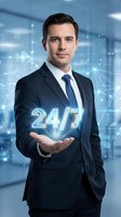Professional businessman presenting 24/7 service concept with digital network technology background for customer support and business solutions.