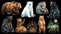 Grizzly bear, polar bear, brown bear, and black bear illustrations isolated on transparent background, ready for t-shirt design, clipart, stickers, sublimation, and print-on-demand products.