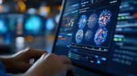 Scientific researcher analyzing molecular structure data on computer screen with detailed protein visualization and blue glowing particles in laboratory environment.