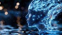 Ethereal glowing blue profile silhouette made of water splashes and particles against dark background with bokeh lights, representing digital transformation.